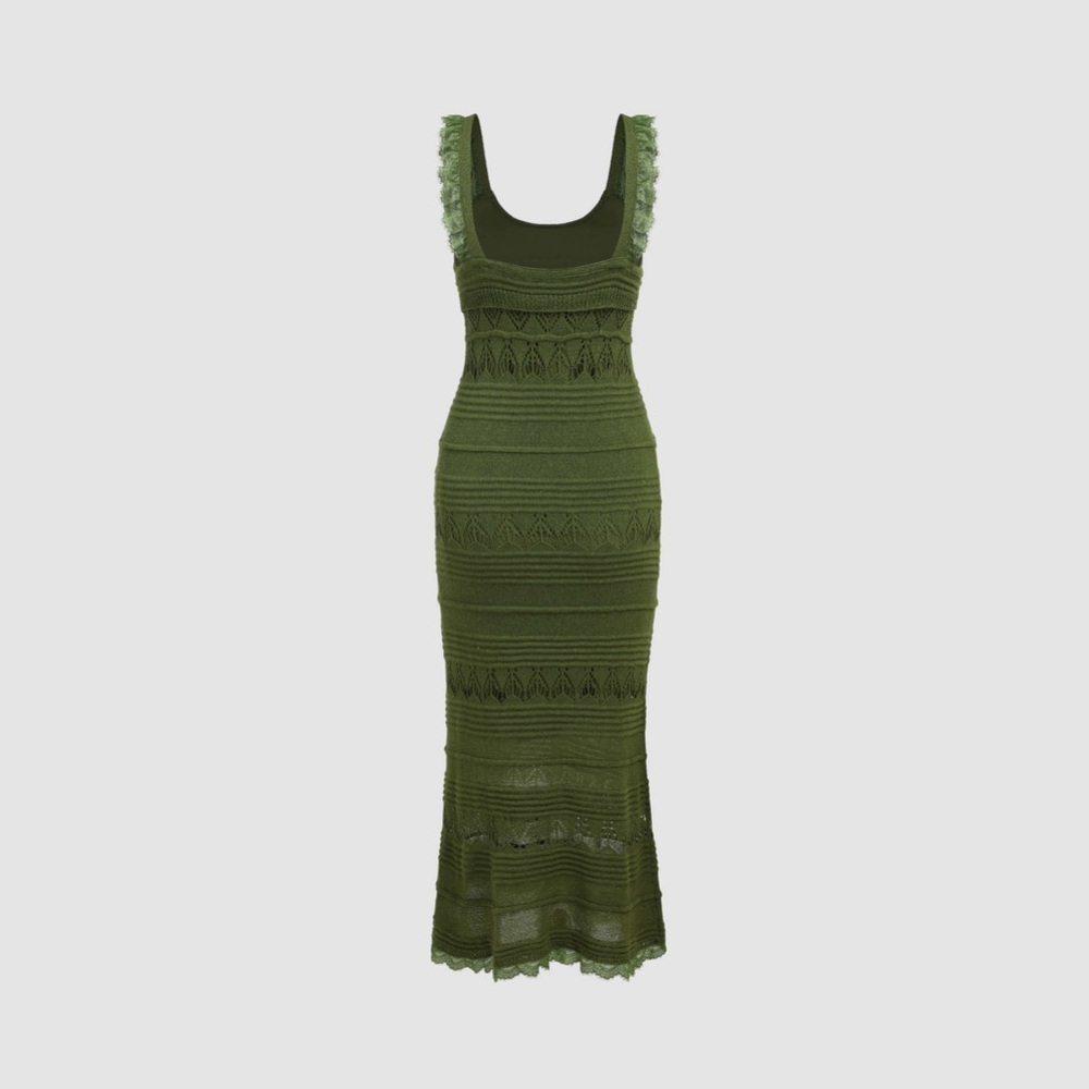 Cider Knit Lace Trim U-Neckline Midi in Matcha Green - Picture 4 of 11